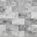 Grijze patroontegel spatwand DW8550 met geometrische designs in licht- en donkergrijze tinten
