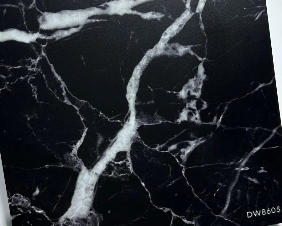 Sample of Black Marble backsplash with deep black marble effect and realistic white veining