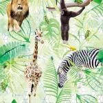 Dessin Jungle Life plat, een leeuw, giraf, zebra en aap tussen groene bladeren