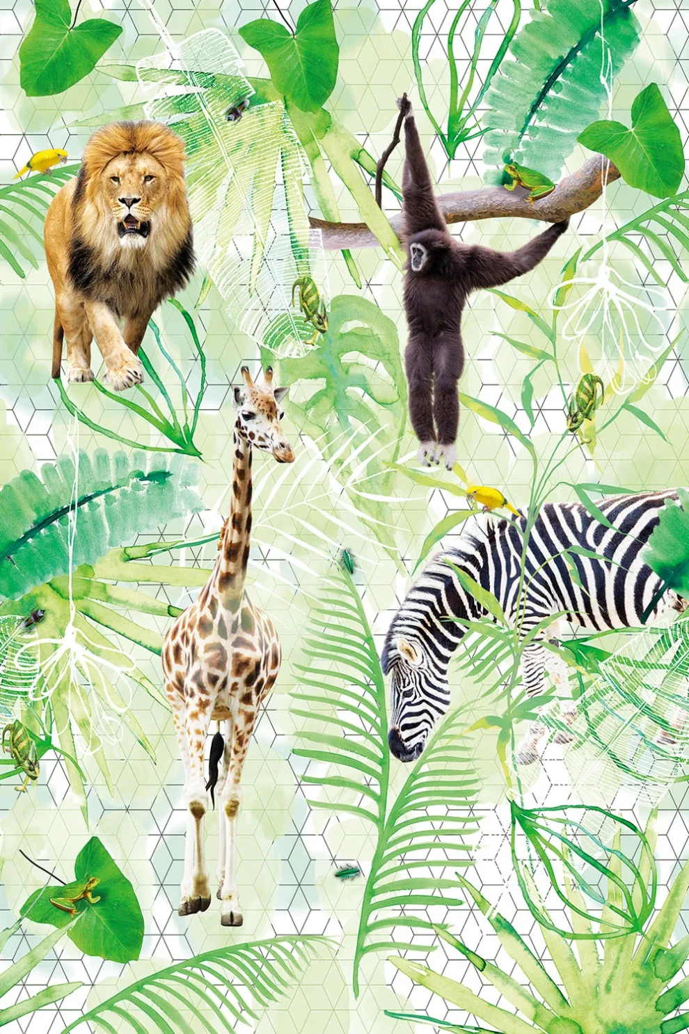 Dessin Jungle Life plat, een leeuw, giraf, zebra en aap tussen groene bladeren