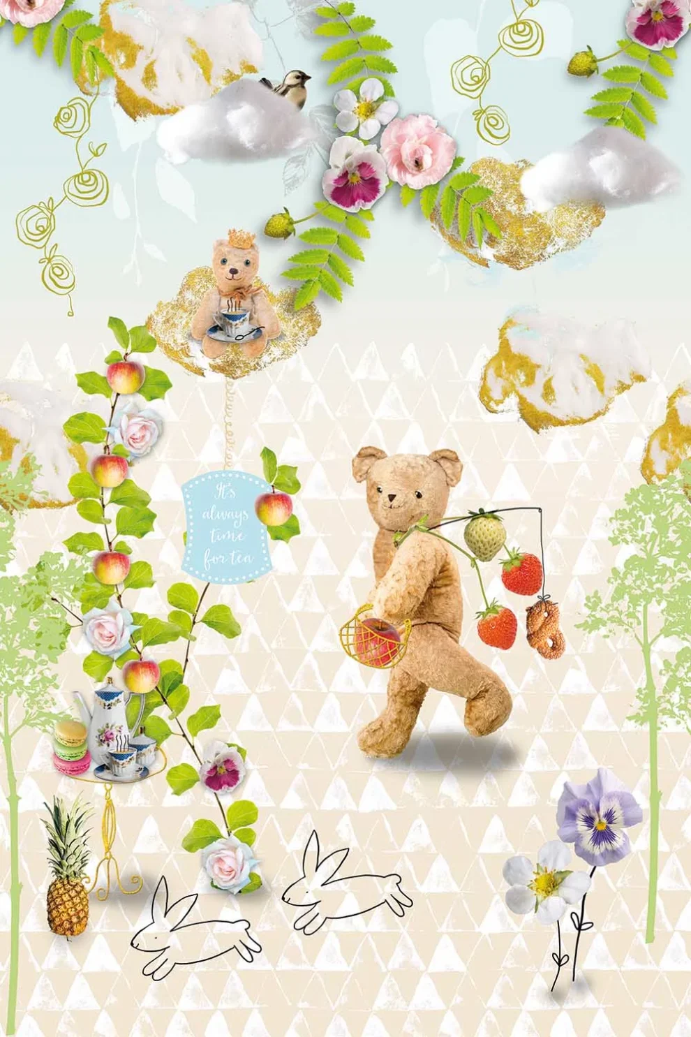 Dessin Teatime plat, teddyberen, konijntjes en aardbeien op crème