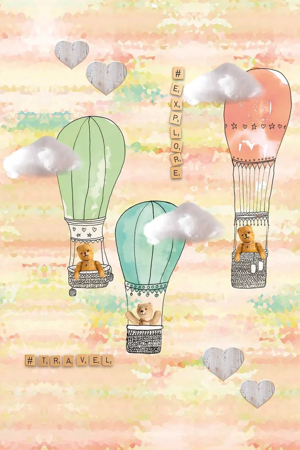 Dessin Be Free plat, luchtballonnen met teddyberen en hartjes in pasteltinten