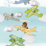 Dessin Planes plat, beertjes in vliegtuigjes tussen wolken op lichtblauw