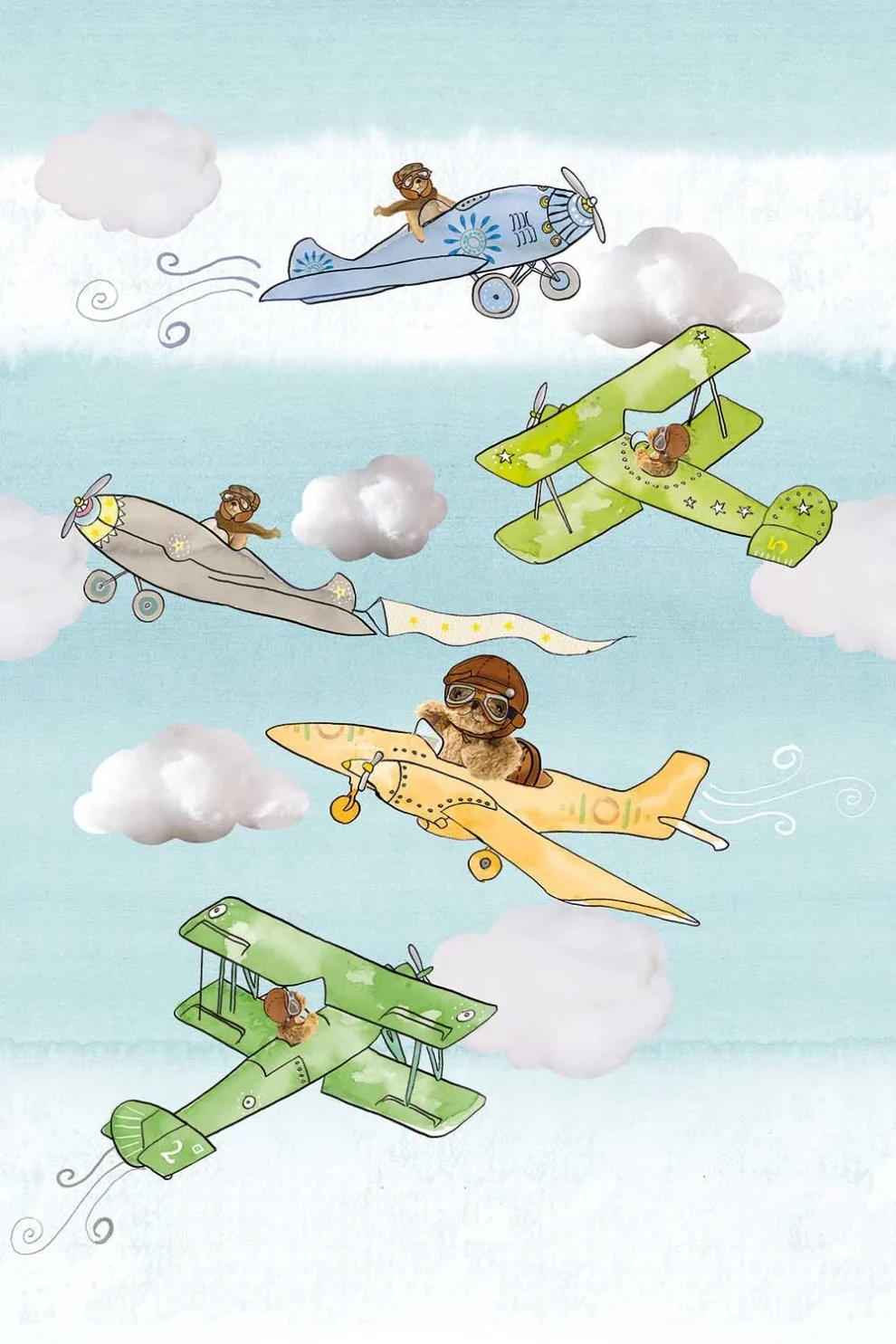 Dessin Planes plat, beertjes in vliegtuigjes tussen wolken op lichtblauw