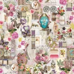 Dessin Romance plat, een collage van rozen, medaillons en oude etiketten in roze