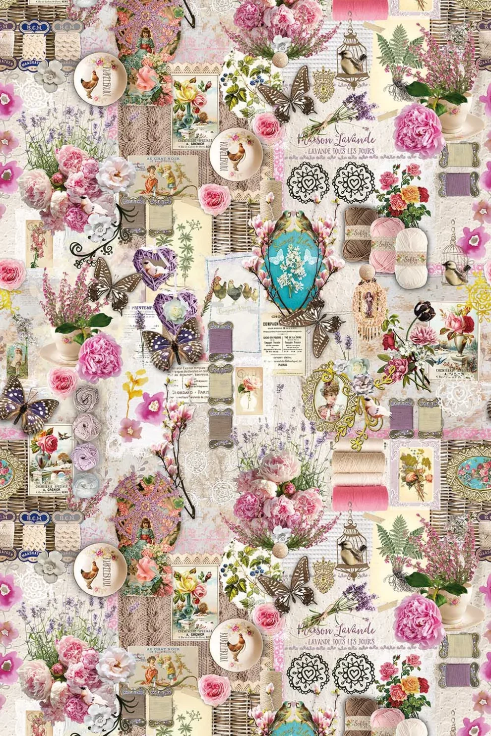 Dessin Romance plat, een collage van rozen, medaillons en oude etiketten in roze