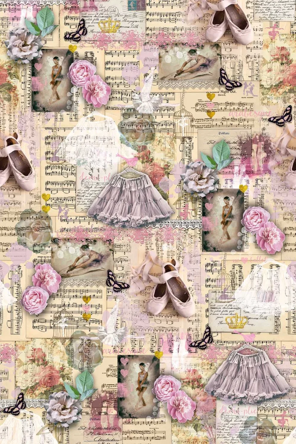 Muster Vintage Ballet flach, Tutus, Ballettschuhe und Rosen auf alten Notenblättern