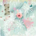 Dessin Gypsy Soul plat, roze veren, klaprozen en kant op mintgroen