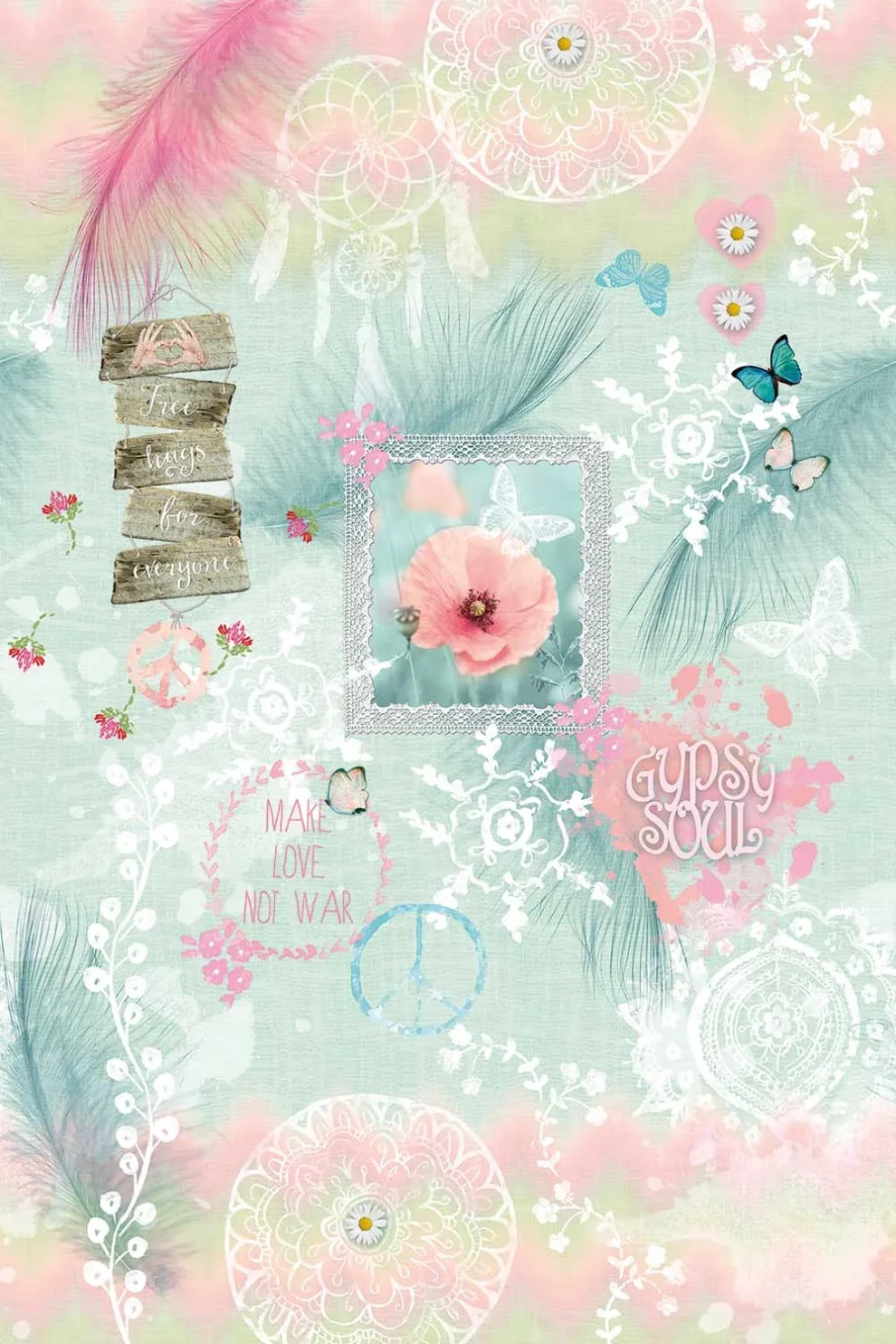 Dessin Gypsy Soul plat, roze veren, klaprozen en kant op mintgroen