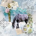 Forever design shown flat, a black horse on a pale blue collage with lace and labels