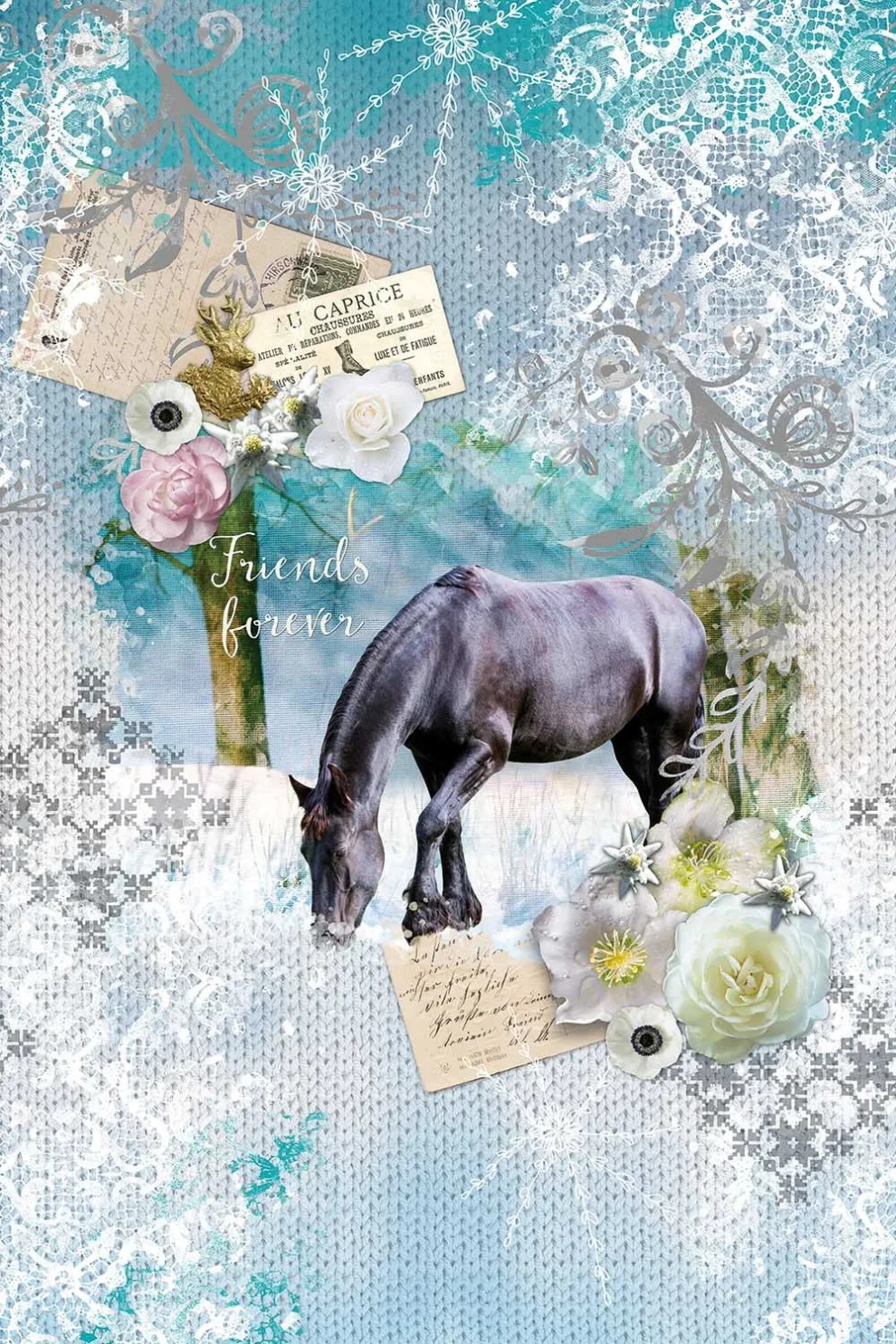 Forever design shown flat, a black horse on a pale blue collage with lace and labels