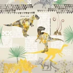 Motif Dinoworld à plat, dinosaures jaunes et gris entre des frises sur fond sable