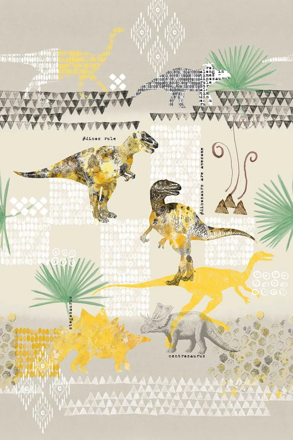 Motif Dinoworld à plat, dinosaures jaunes et gris entre des frises sur fond sable