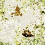 Motif Helicopter à plat, hélicoptères parmi des taches de camouflage vertes et jaunes