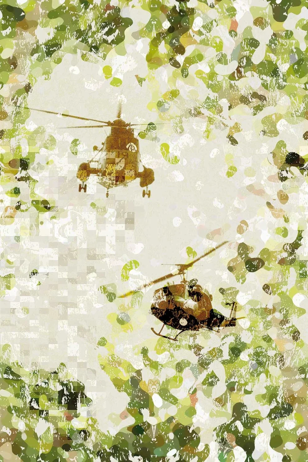Motif Helicopter à plat, hélicoptères parmi des taches de camouflage vertes et jaunes