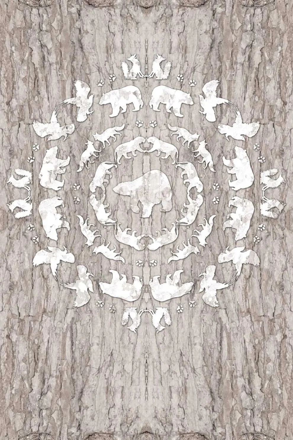 Motif Bears à plat, silhouettes d'animaux blanches en couronne ronde sur bois