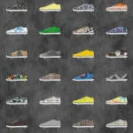 Sneakers design shown flat, rows of coloured trainers on a grey ground