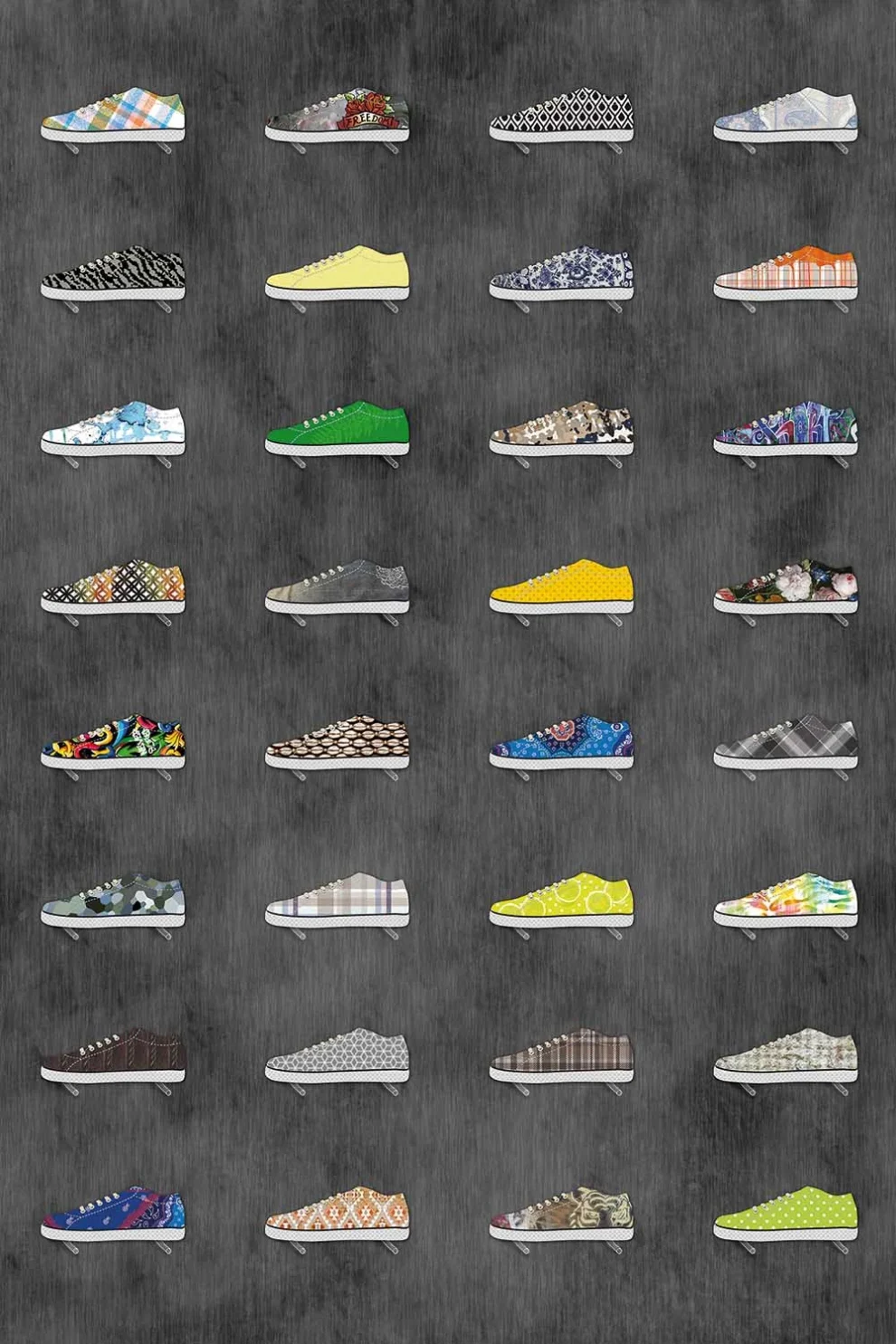 Sneakers design shown flat, rows of coloured trainers on a grey ground