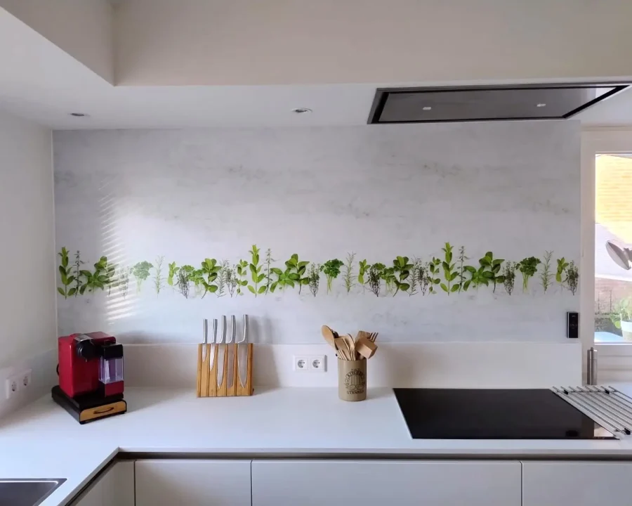 Keuken achterwand met verse groene kruiden op betonlook achtergrond op gehard glas in witte keuken FW1007