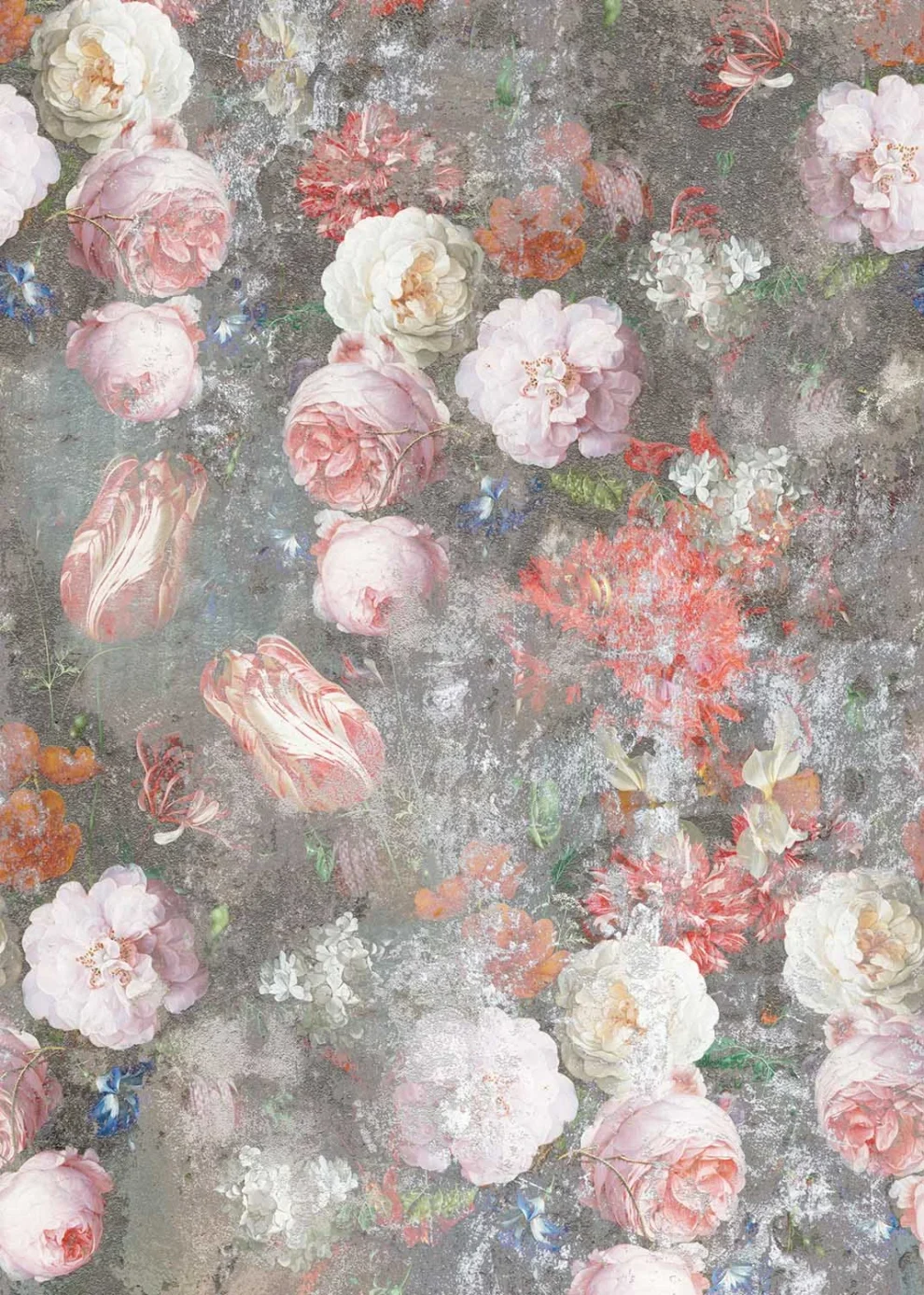 The design shown flat: faded roses and tulips on a grey concrete wall