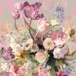 Het dessin plat weergegeven: een weelderig boeket tulpen en rozen in pastel op beige