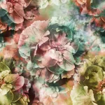 Das Muster flach dargestellt: traumhafte Blüten in Koralle, Grün und Oliv