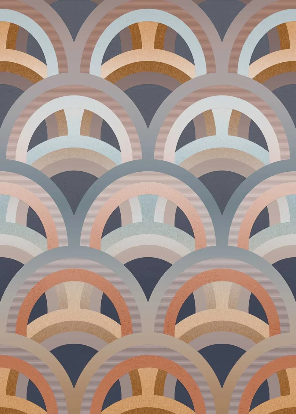 The design shown flat: overlapping arches in orange, blue and grey