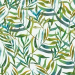 Het dessin plat weergegeven: aquarelbladeren in groen en geel op lichtblauw