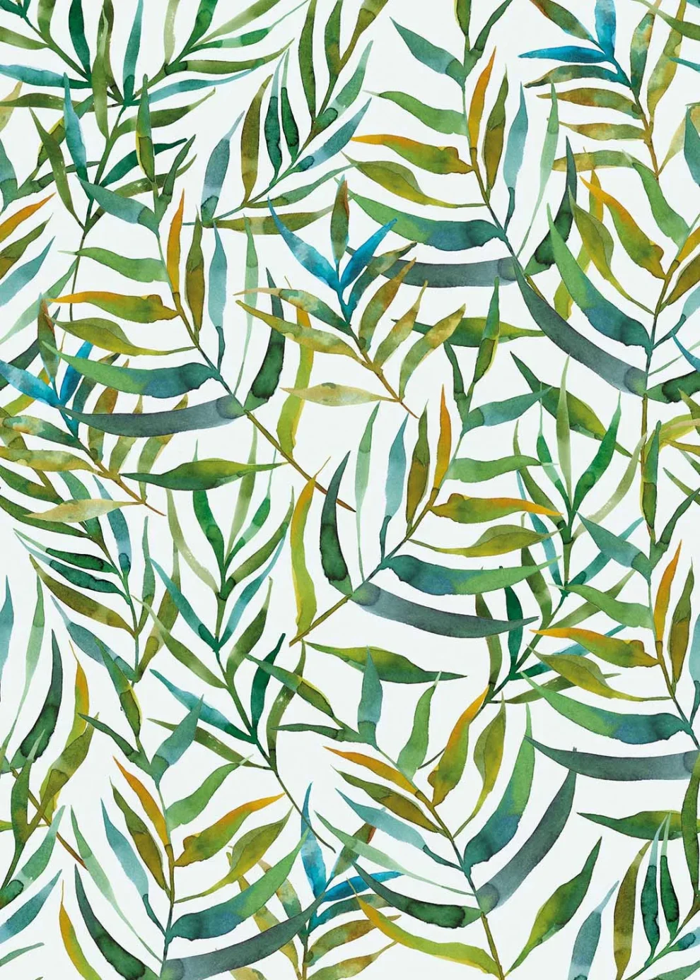 Het dessin plat weergegeven: aquarelbladeren in groen en geel op lichtblauw