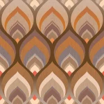 The design shown flat: peacock feathers in brown, orange and beige