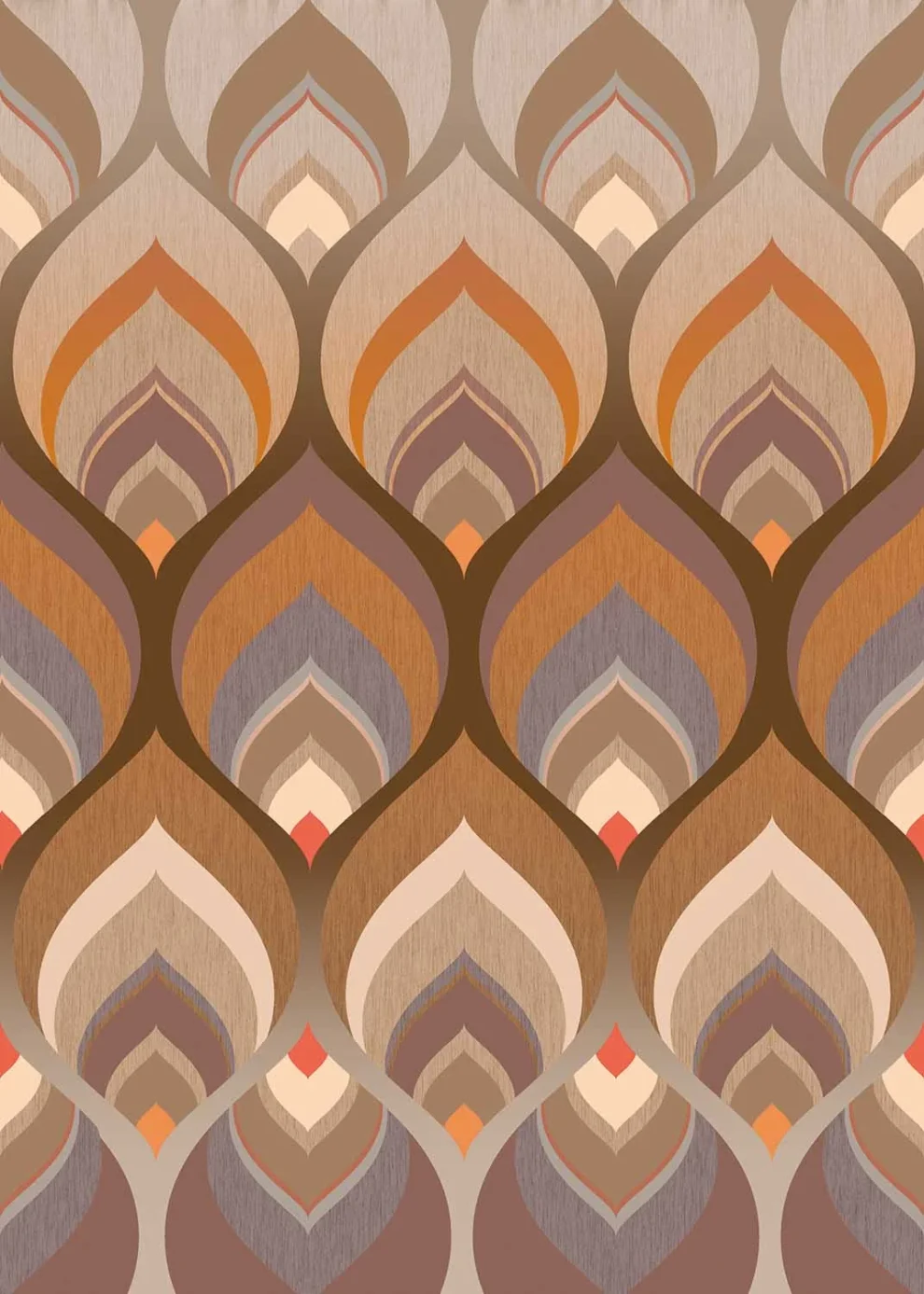 The design shown flat: peacock feathers in brown, orange and beige