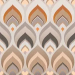 Das Muster flach dargestellt: Pfauenfedern in Grau, Orange und Creme