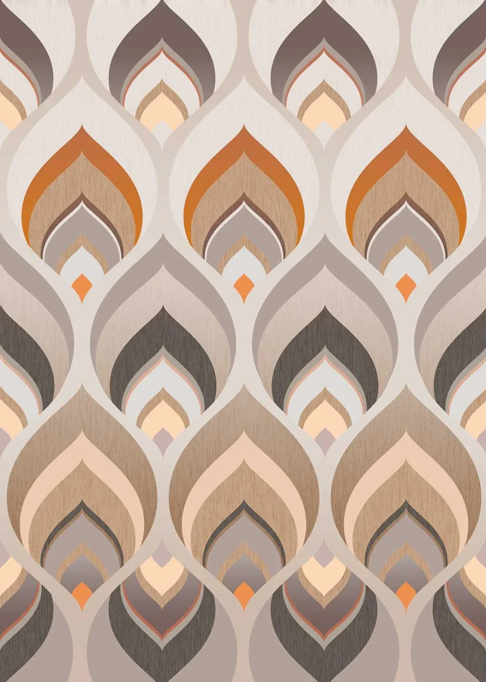 Das Muster flach dargestellt: Pfauenfedern in Grau, Orange und Creme