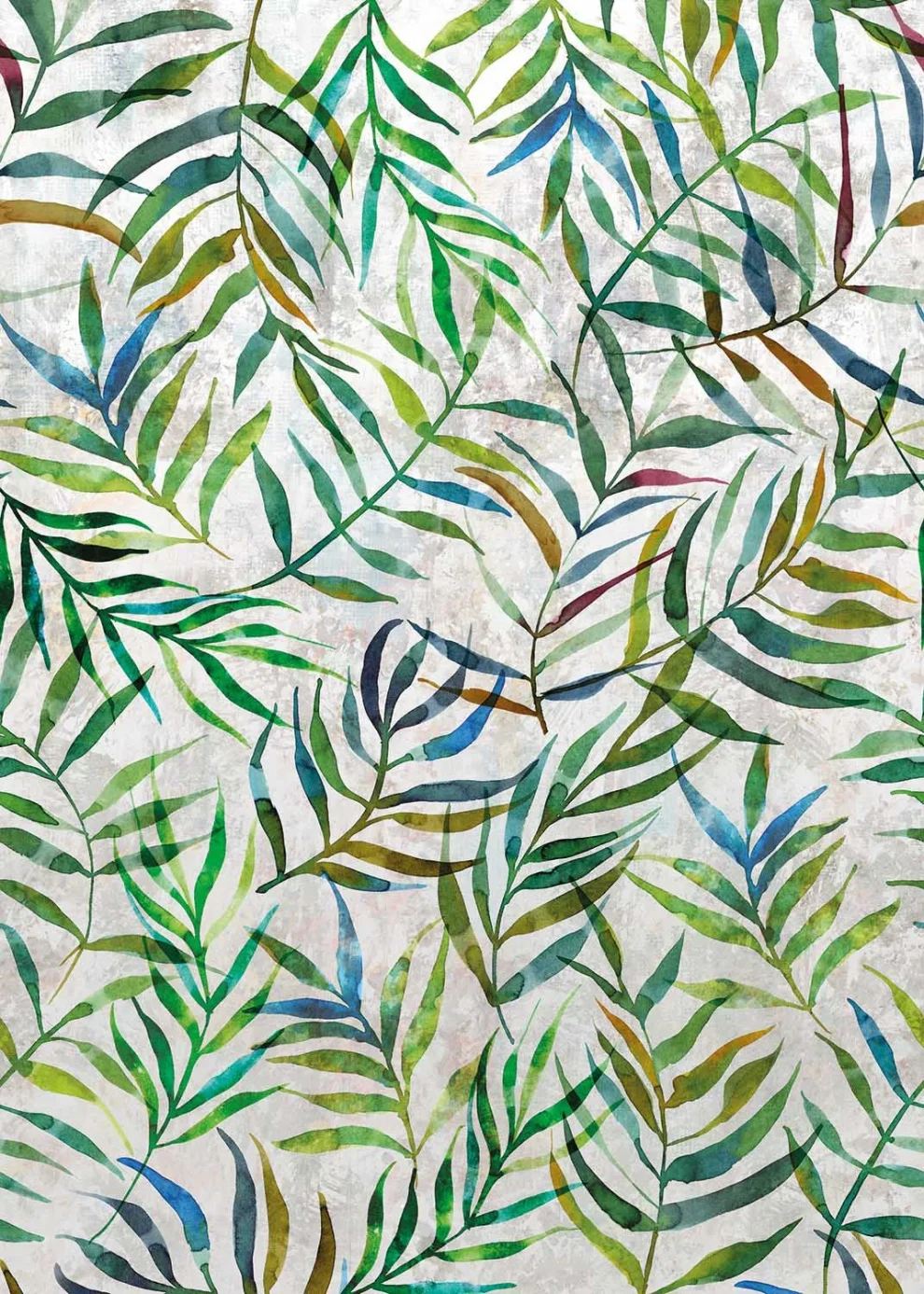 Het dessin plat weergegeven: fijne aquarelbladeren in groen en blauw op grijs
