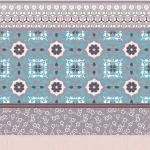 The design shown flat: bands of ornamental tiles in blue, pink and taupe