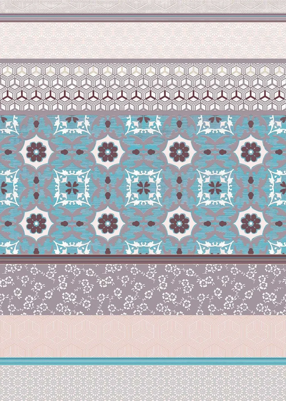 The design shown flat: bands of ornamental tiles in blue, pink and taupe