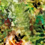 The design shown flat: ferns and butterflies in green and yellow with pixel blocks