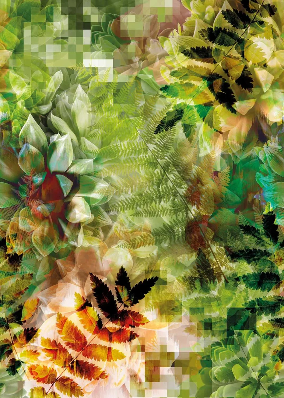 The design shown flat: ferns and butterflies in green and yellow with pixel blocks