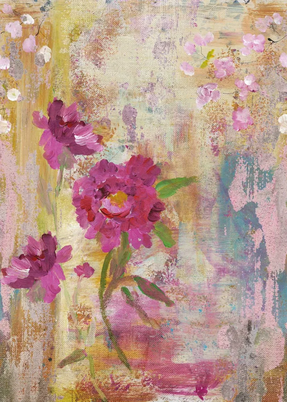 The design shown flat: painted peonies in fuchsia on an ochre wall