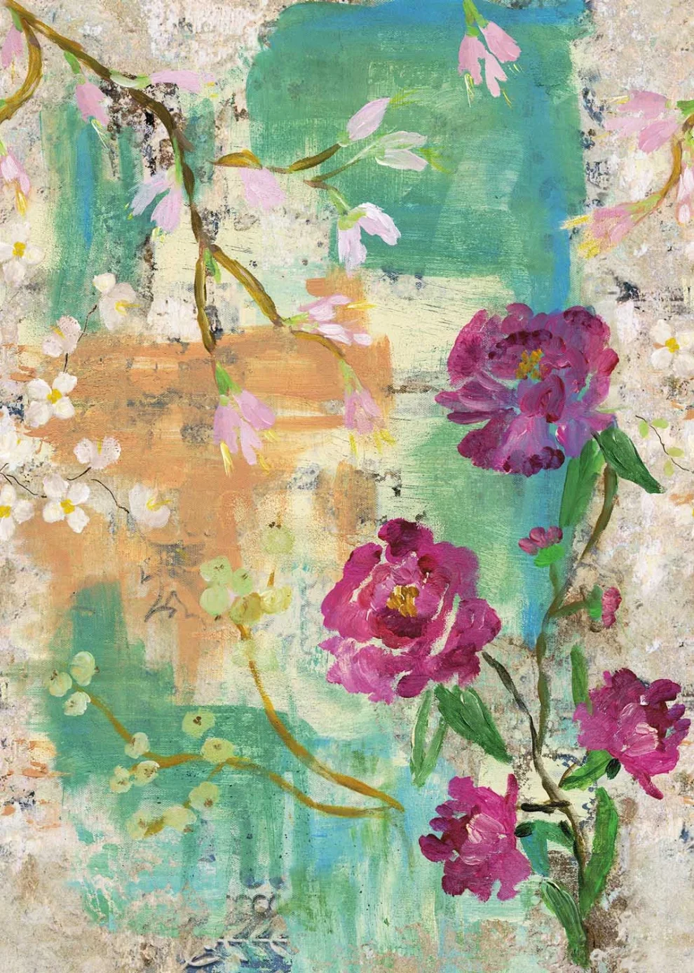The design shown flat: fuchsia flowers on a turquoise and ochre painted wall