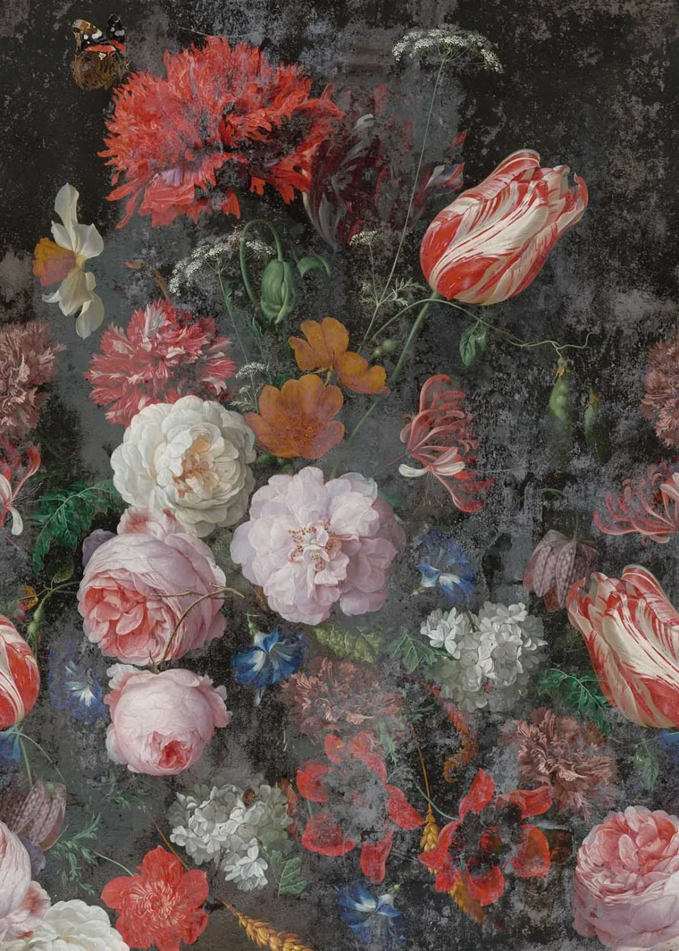 Das Muster flach dargestellt: ein üppiges Bouquet aus Rosen und Tulpen auf dunklem Grund