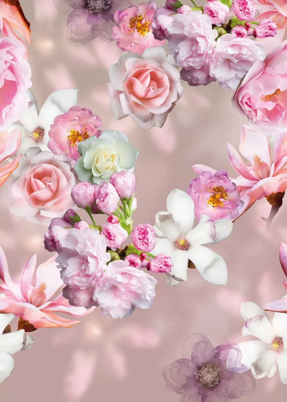 Das Muster flach dargestellt: rosa Rosen und Blüten auf zartrosa Grund