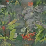 The design shown flat: tropical leaves and small red flowers on dark green