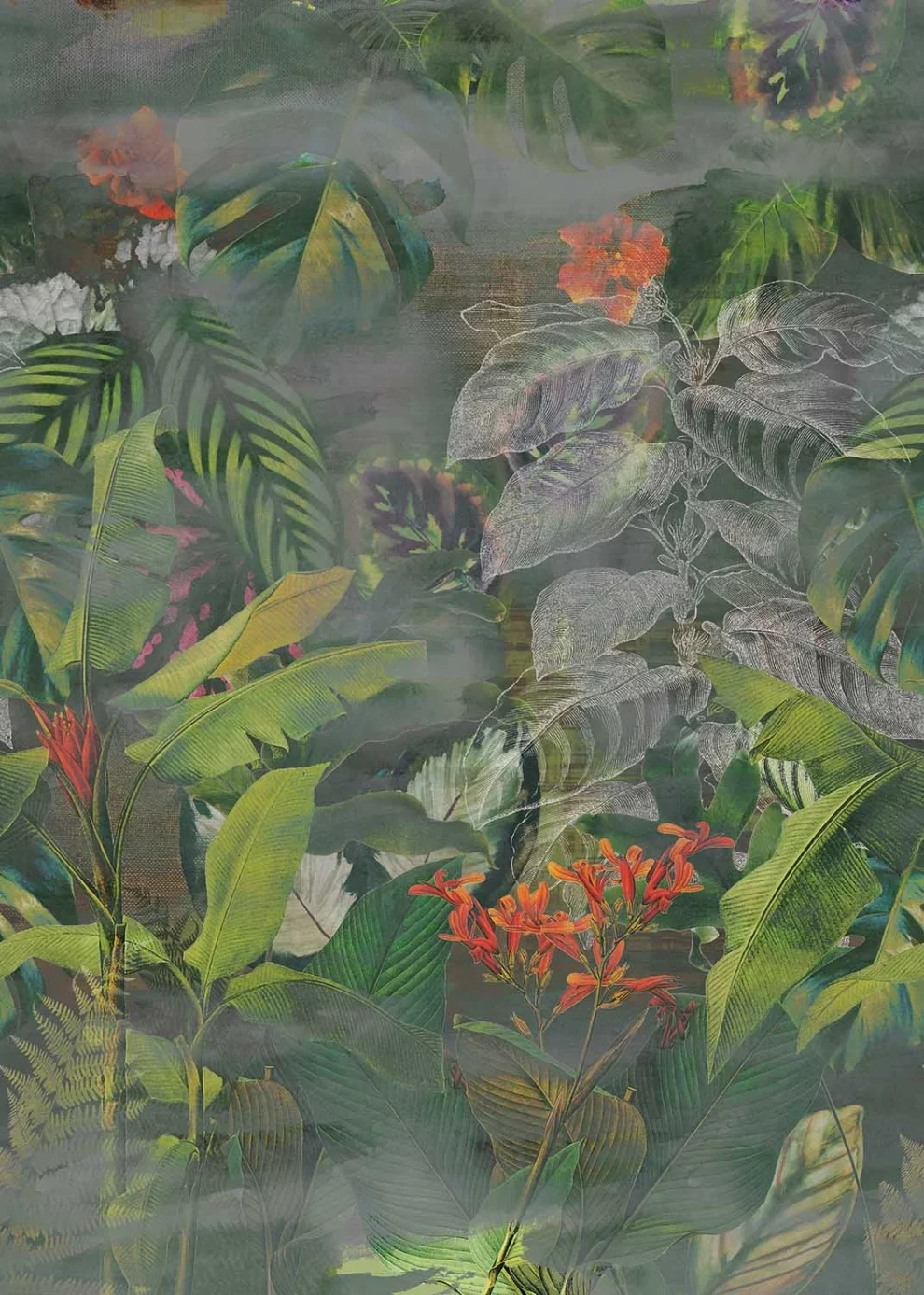 The design shown flat: tropical leaves and small red flowers on dark green