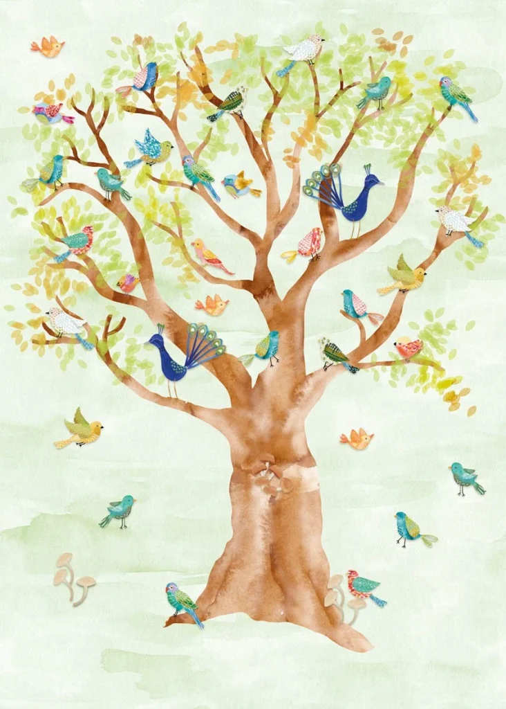 Motif Birds In Tree à plat, un grand arbre plein d'oiseaux colorés sur vert doux