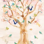 Motif Birds In Trees à plat, un grand arbre plein d'oiseaux colorés sur rose sable
