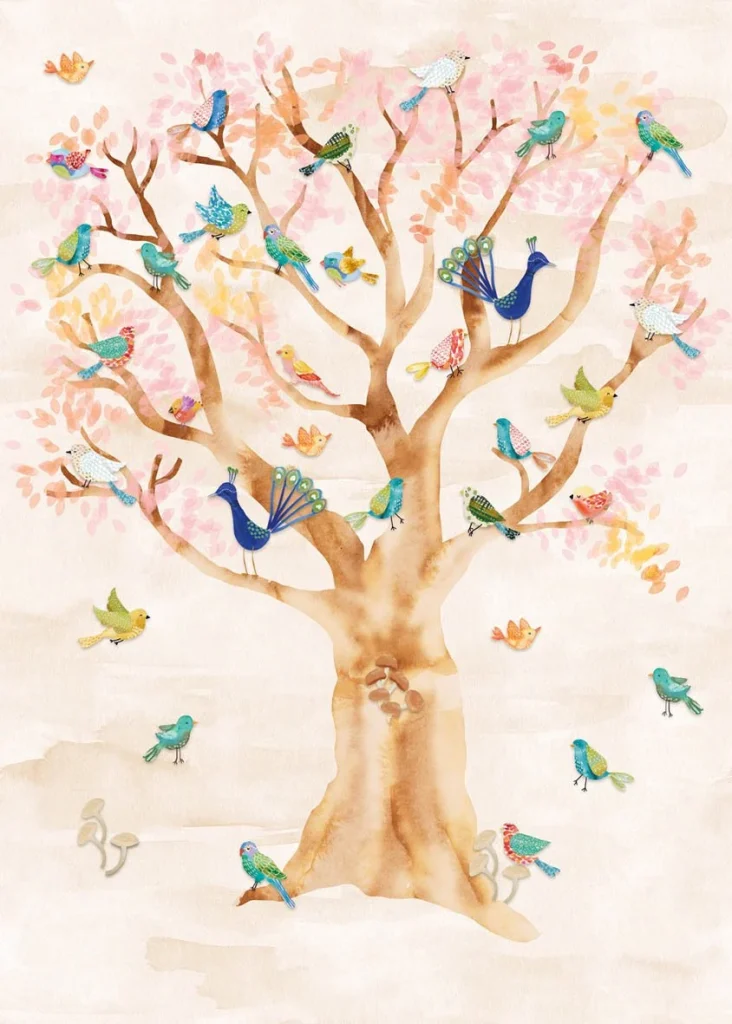 Motif Birds In Trees à plat, un grand arbre plein d'oiseaux colorés sur rose sable