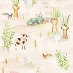 Dessin Farmers plat, boerderijdieren, een tractor en graanhalmen op zandroze