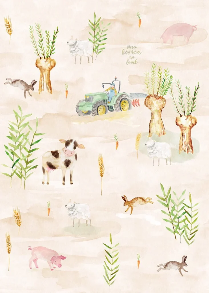 Dessin Farmers plat, boerderijdieren, een tractor en graanhalmen op zandroze