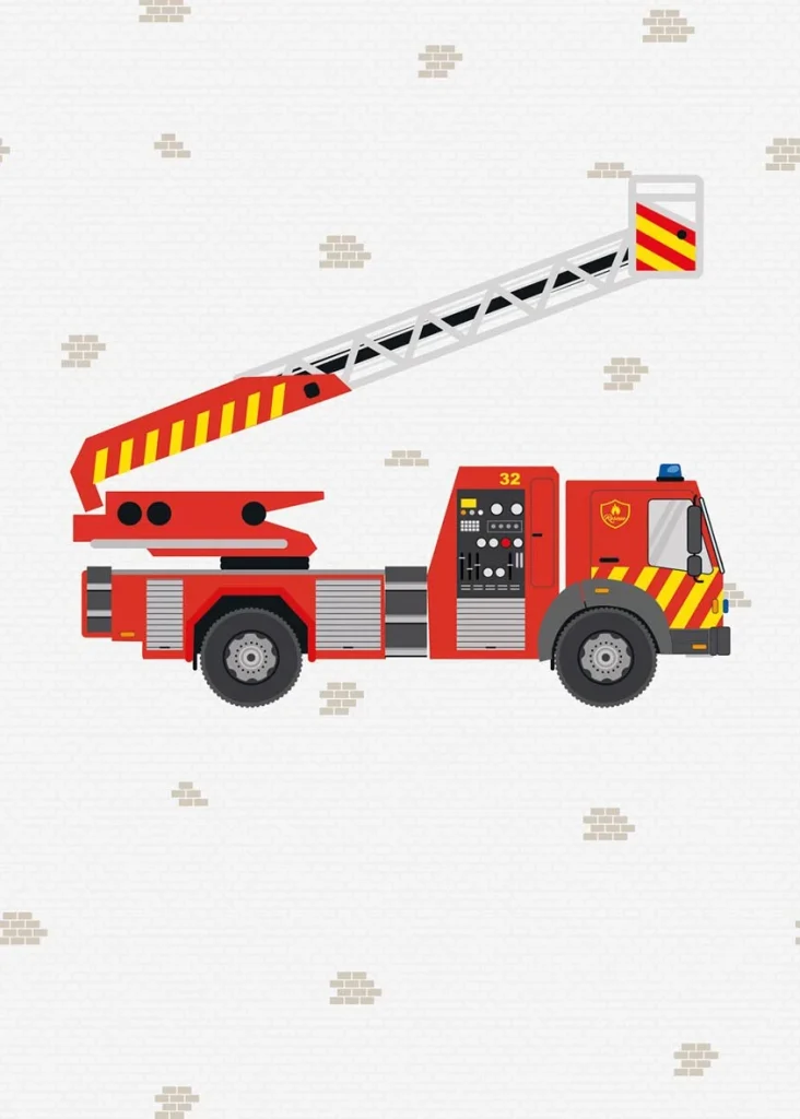 Dessin Fire Fire plat, een rode brandweerauto met ladder op een lichte ondergrond